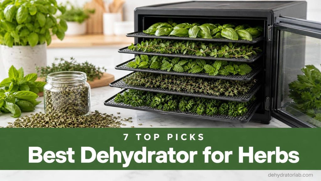 Best dehydrator for herbs – countertop food dehydrator with trays of fresh basil, oregano and mint being dried