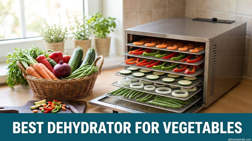 Best dehydrator for vegetables with trays of carrots, peppers, zucchini and onions drying