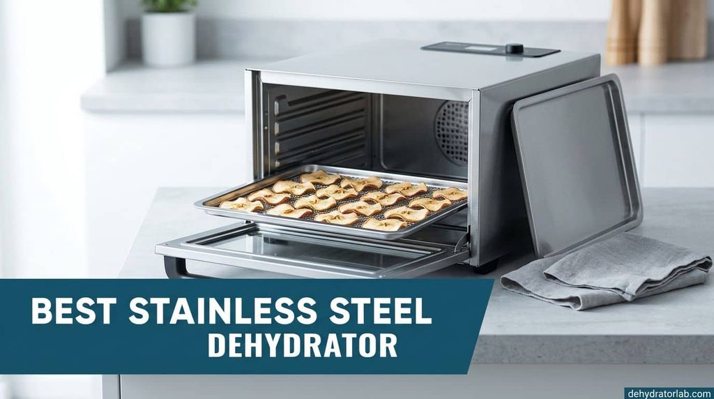 Best stainless steel dehydrator with a steel tray of apple slices pulled out of the cabinet