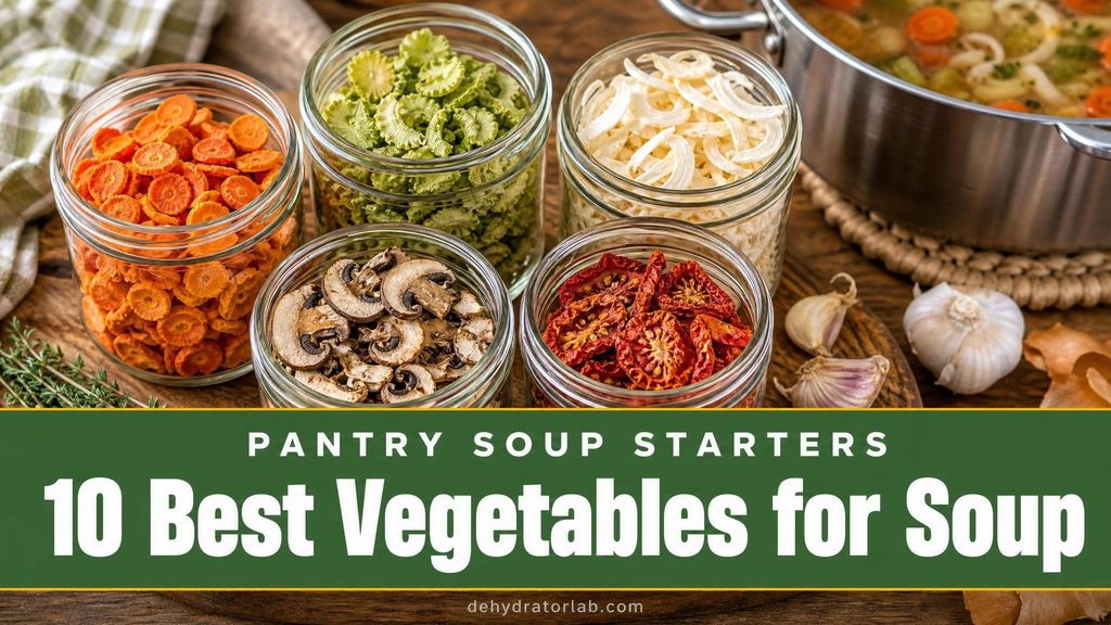 An assortment of dehydrated soup vegetables in labeled glass jars — carrots, celery, onion, mushroom, tomato