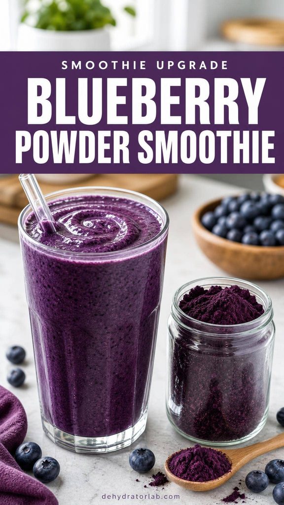 A deep purple blueberry powder smoothie in a glass with a small jar of the powder beside it