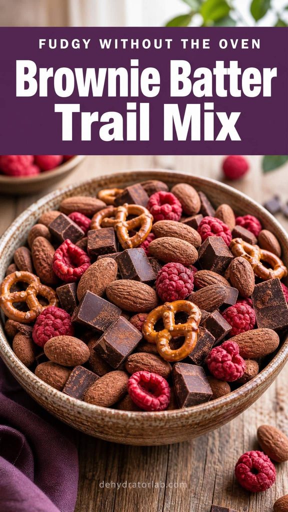 Bowl of brownie batter trail mix with cocoa-dusted almonds, chocolate chunks, and freeze-dried raspberries