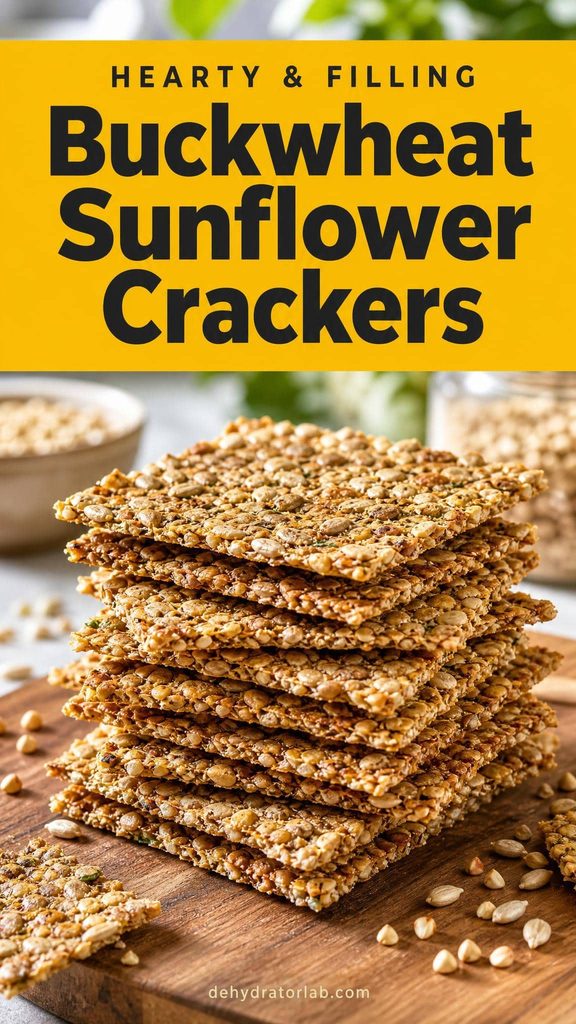 Homemade buckwheat sunflower seed dehydrated crackers stacked on a plate