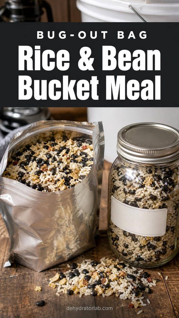 Dehydrated rice and bean emergency meal in a labeled mylar pouch