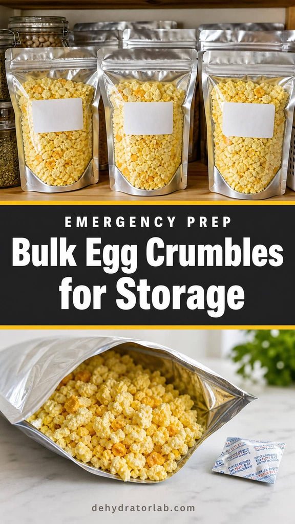 Mylar bags of bulk dehydrated egg crumbles with oxygen absorbers, labeled and dated