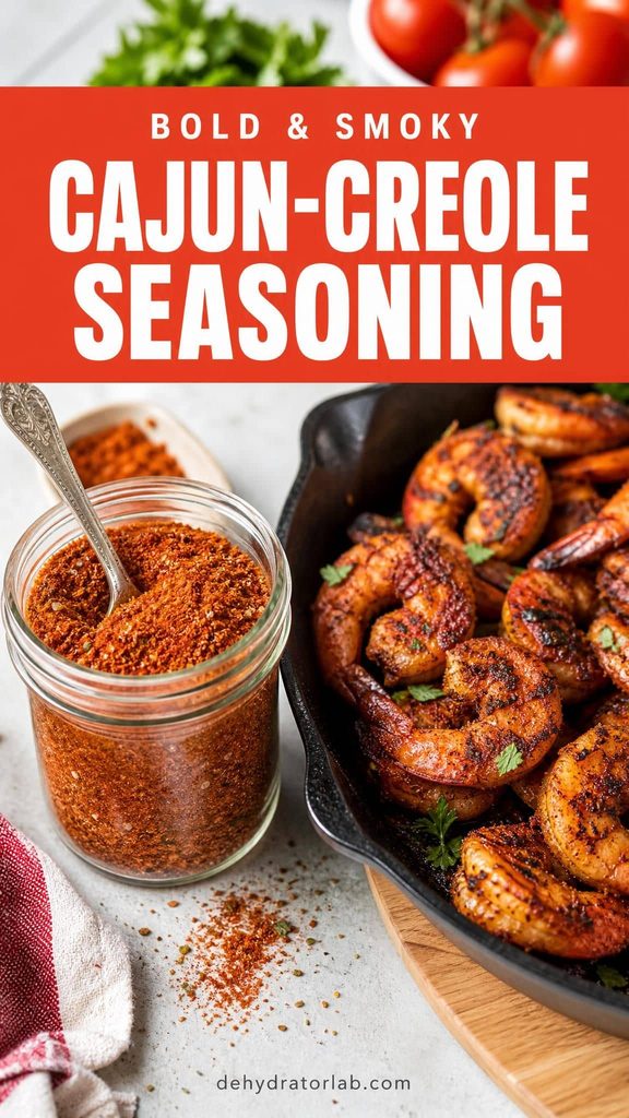 A small jar of deep red-orange Cajun seasoning next to blackened seared shrimp