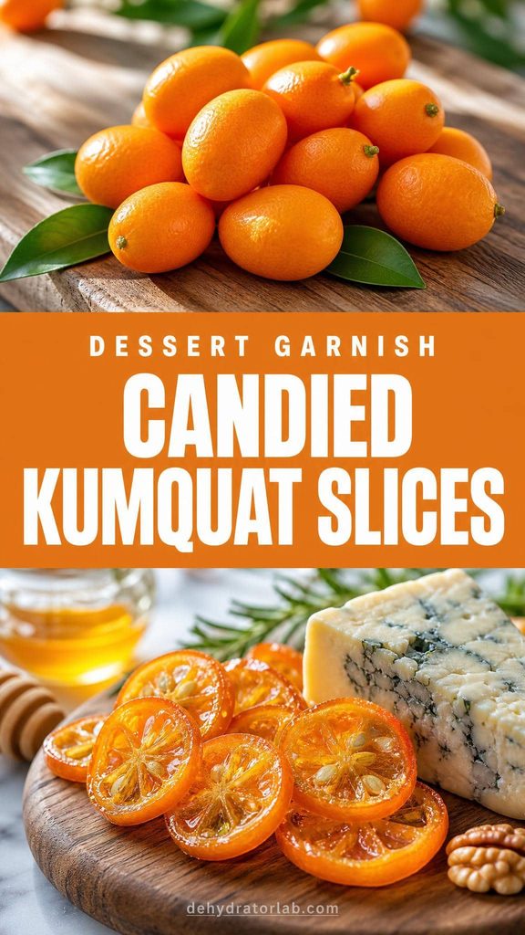 Fresh whole kumquats above a plate of candied dried kumquat slices on a cheese board