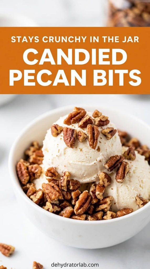 Chopped candied pecan bits sprinkled over a bowl of ice cream
