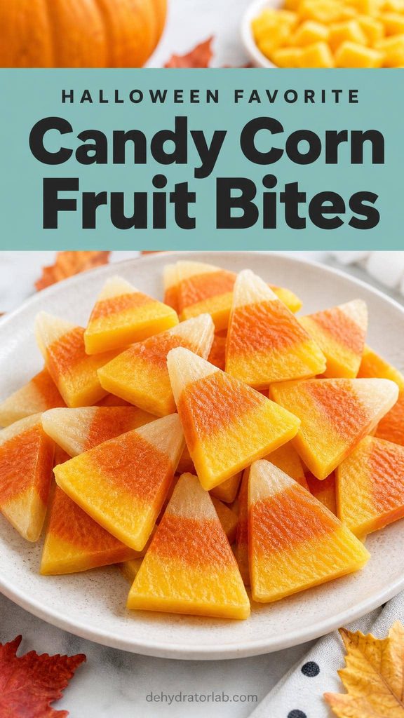 Candy corn shaped fruit leather bites in yellow, orange, and white layers
