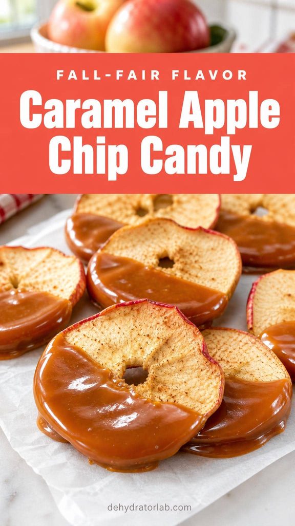 Caramel-dipped dehydrated apple chip candy on parchment paper