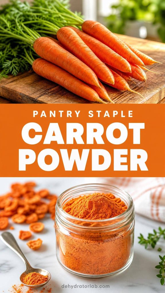 A small jar of bright orange carrot powder next to fresh carrots on a wood surface