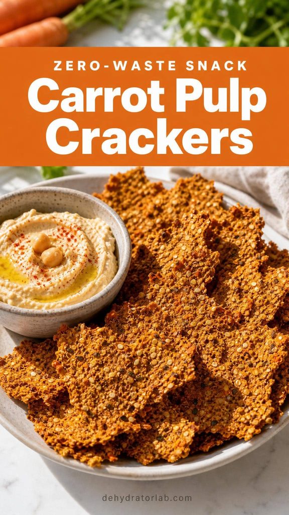 Homemade carrot pulp dehydrated crackers on a small plate with hummus