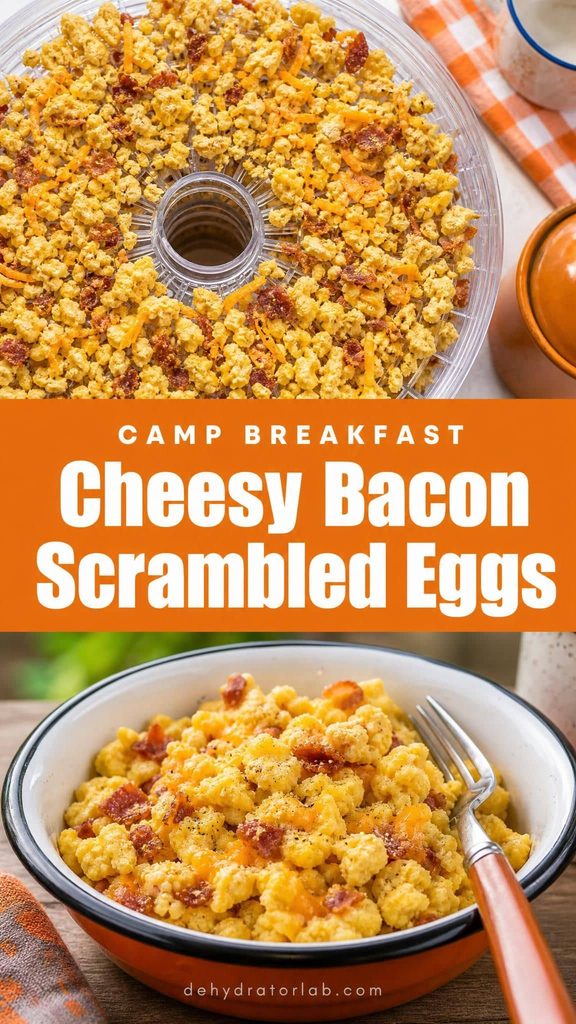 Cheesy bacon dehydrated scrambled egg crumbles in a camp bowl