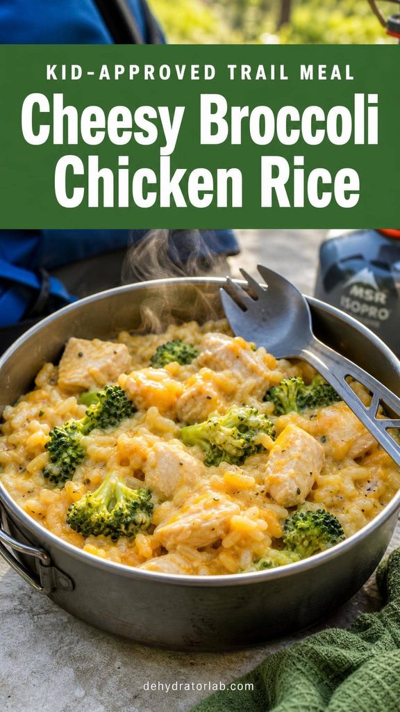Dehydrated cheesy broccoli chicken rice backpacking meal in a camp bowl