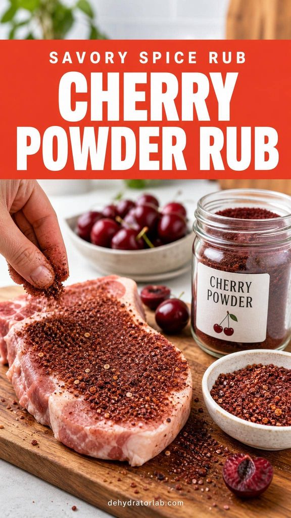 A small bowl of dark red cherry-powder spice rub being pressed onto a raw pork chop