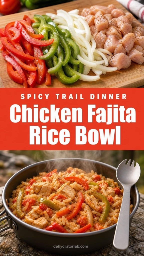 Dehydrated chicken fajita rice bowl backpacking meal with peppers and onions