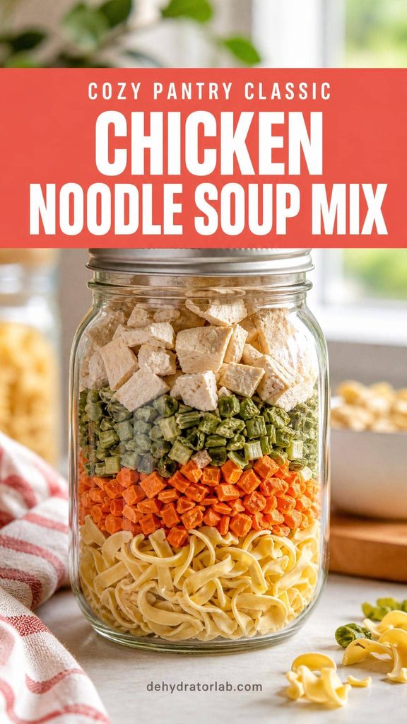 A mason jar layered with dehydrated chicken noodle soup mix ingredients