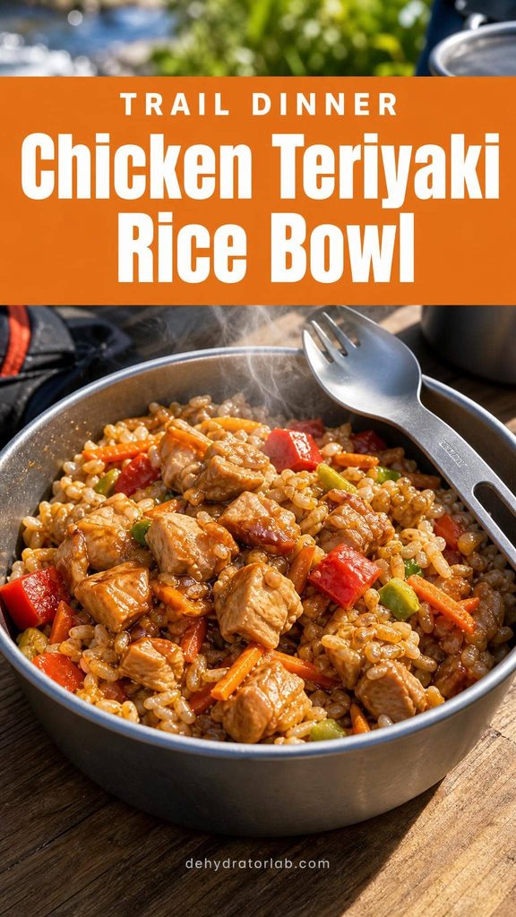 Dehydrated chicken teriyaki rice bowl backpacking meal in a resealable pouch