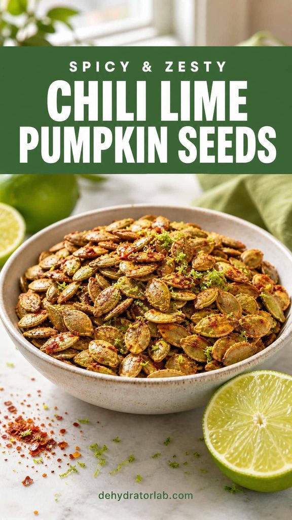A bowl of dehydrated chili lime pumpkin seeds with visible lime zest