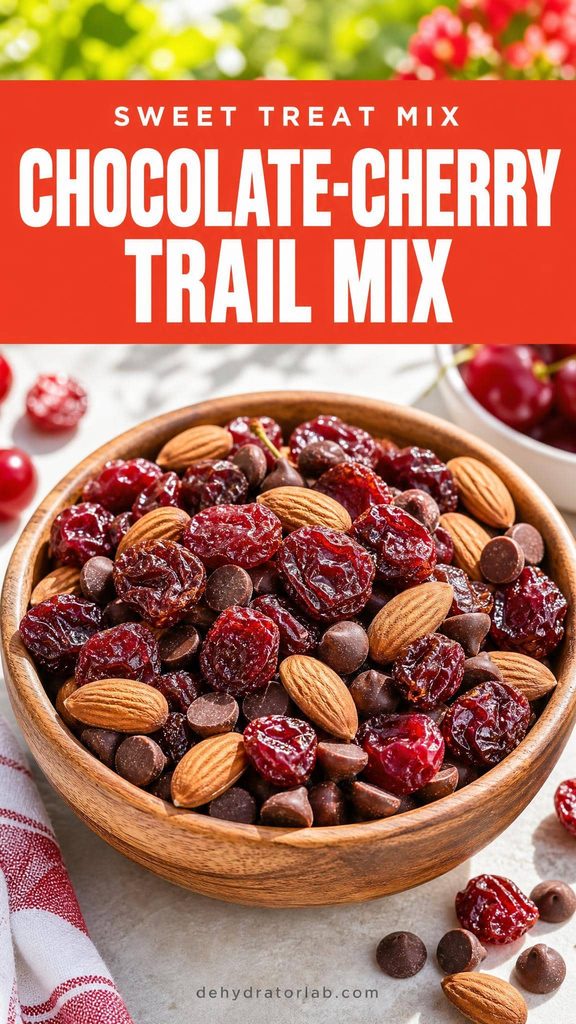 A bowl of trail mix with dried cherries, dark chocolate chips, and almonds