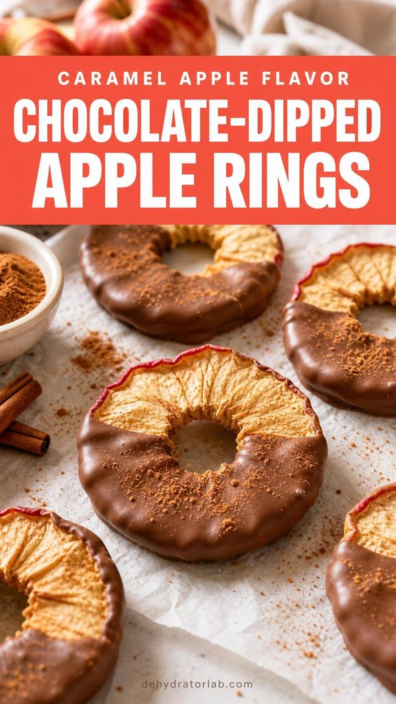 Chocolate-dipped dehydrated apple rings dusted with cinnamon