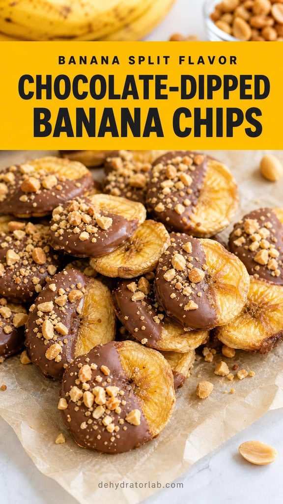 Chocolate-dipped dehydrated banana chips topped with crushed peanuts