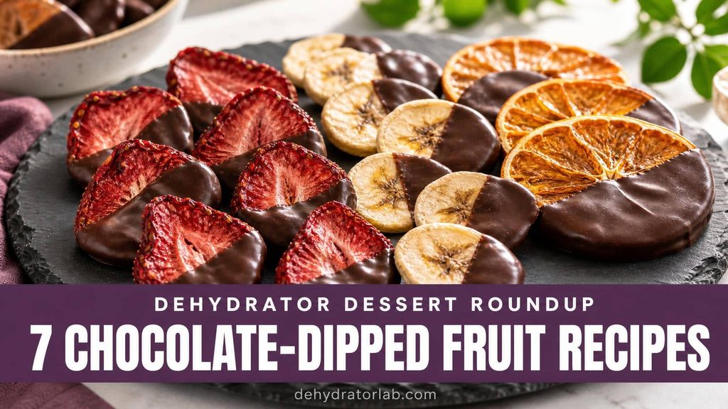 An assortment of chocolate-dipped dehydrated fruit — strawberries, banana chips, and orange slices — arranged on a dark plate