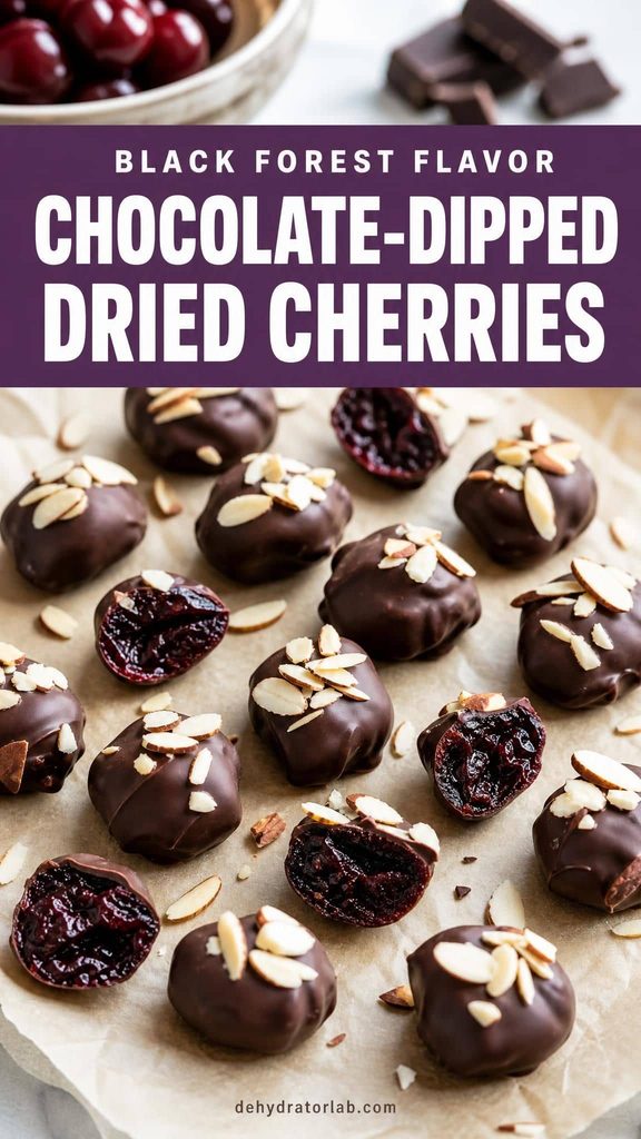 Chocolate-dipped dehydrated cherries topped with almond slivers