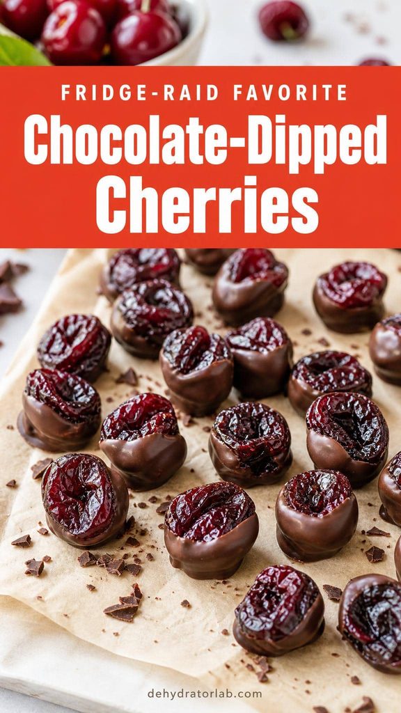 Chocolate-dipped dried cherries on parchment paper