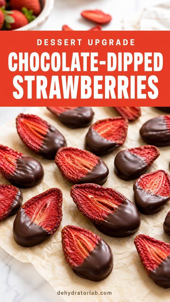 Chocolate-dipped dehydrated strawberries on parchment paper