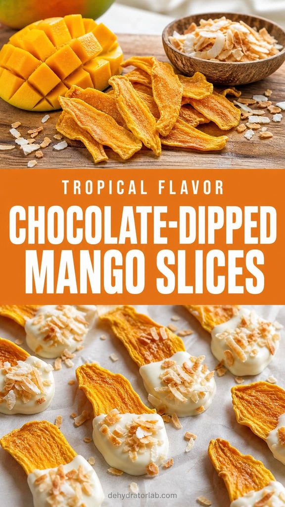 White-chocolate-dipped dehydrated mango slices topped with toasted coconut