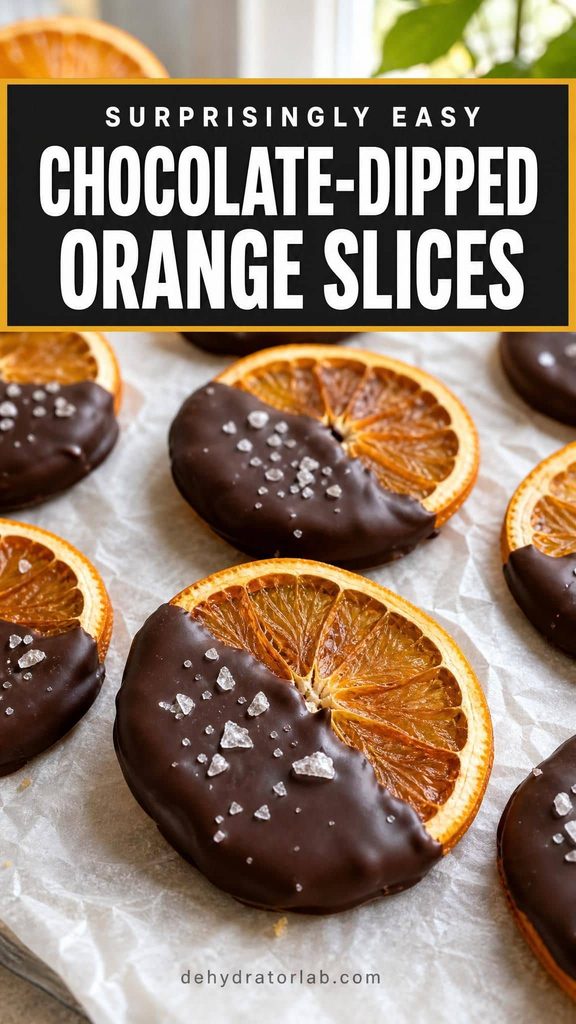 Dark-chocolate-dipped dehydrated orange slices with flaky sea salt