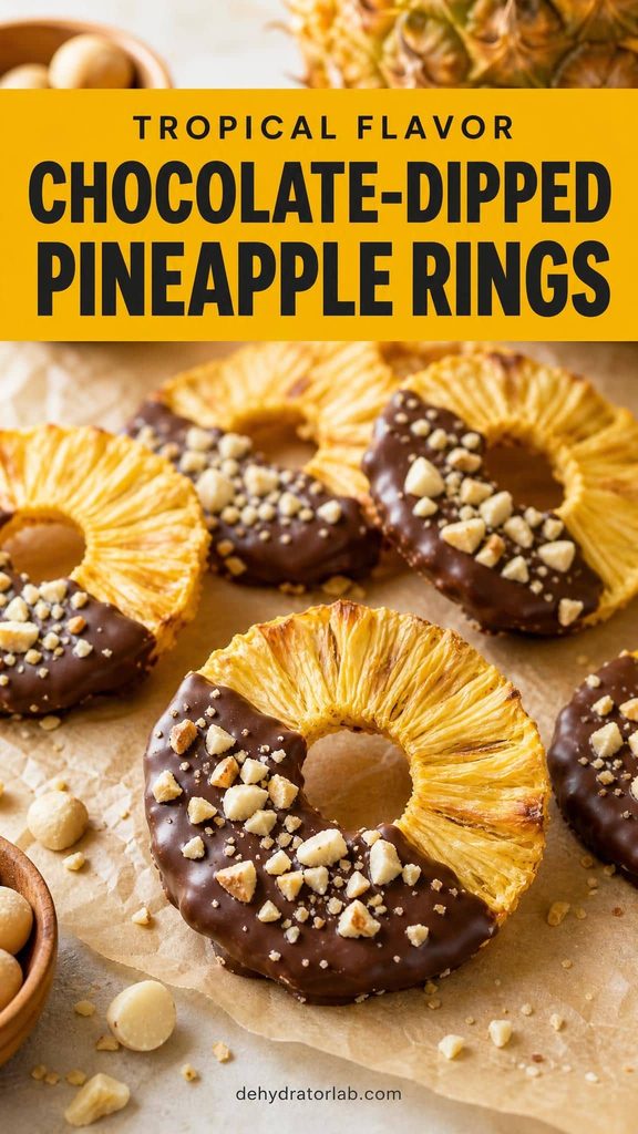 Chocolate-dipped dehydrated pineapple rings topped with crushed macadamia nuts