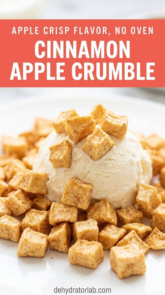 Diced cinnamon apple crumble bits scattered over a scoop of ice cream