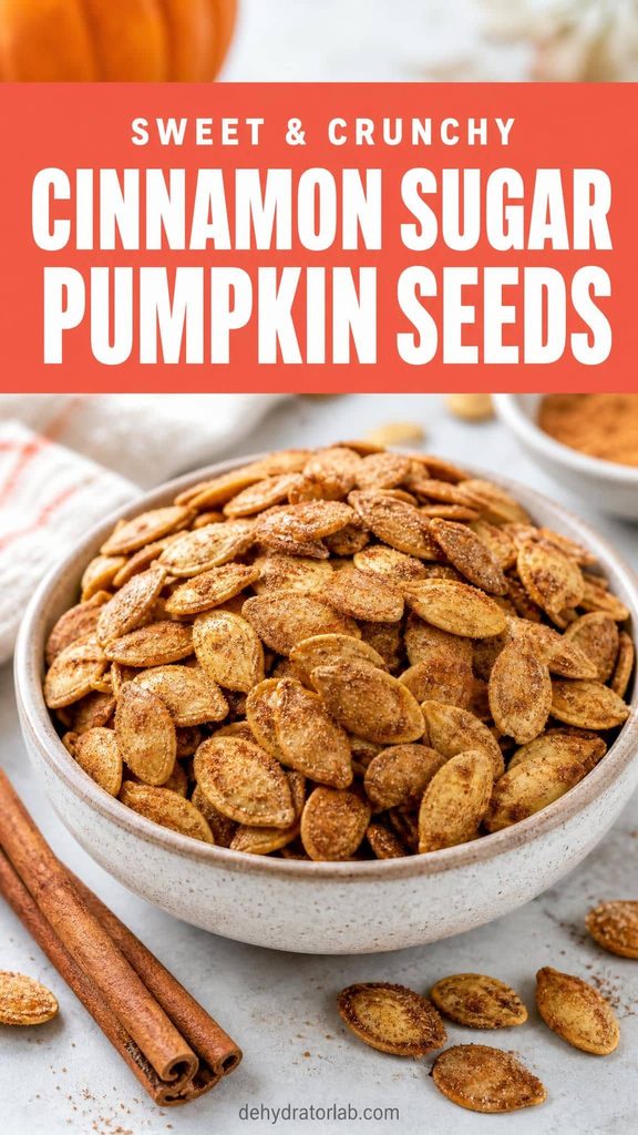 A bowl of dehydrated cinnamon sugar pumpkin seeds with a light sugary coating