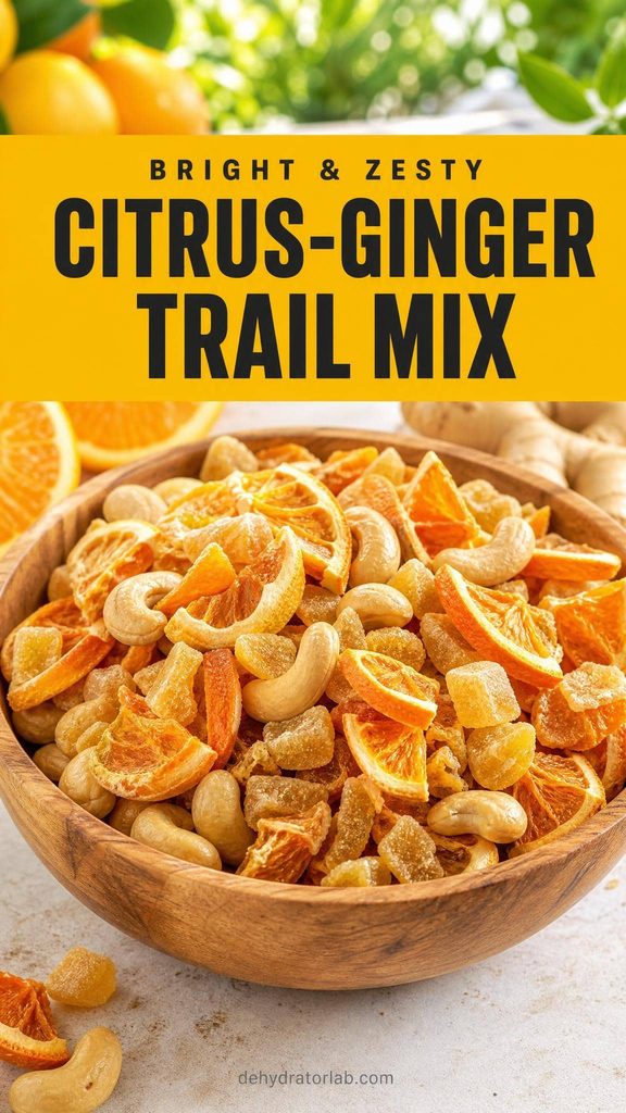 A bowl of trail mix with crumbled dried orange, candied ginger, and cashews
