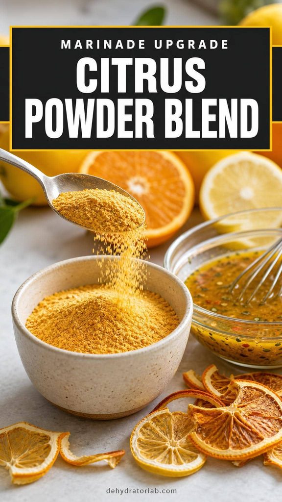 A small bowl of fine orange-yellow citrus powder with a spoon dusting it over a dressing