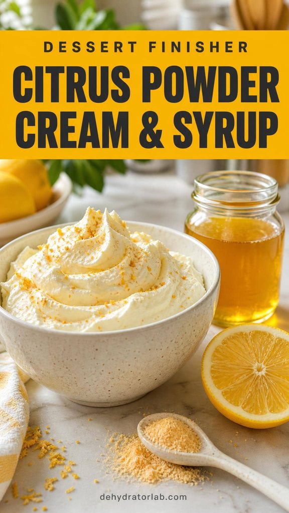 A bowl of citrus-flecked whipped cream next to a small jar of golden citrus simple syrup