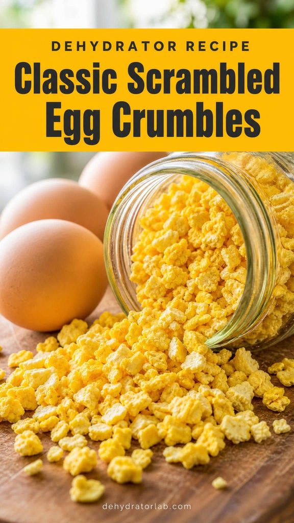 dehydrated scrambled egg crumbles in a glass jar next to fresh eggs