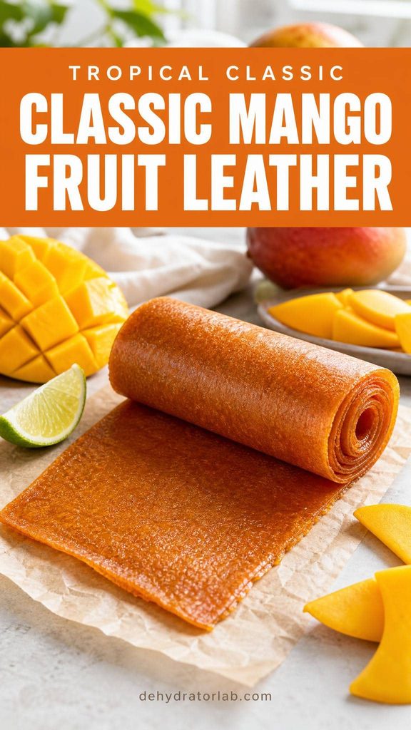 A rolled strip of orange mango fruit leather on parchment next to fresh mango slices