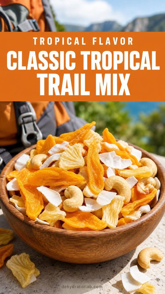 A bowl of tropical trail mix with dried mango, pineapple, coconut flakes, and cashews