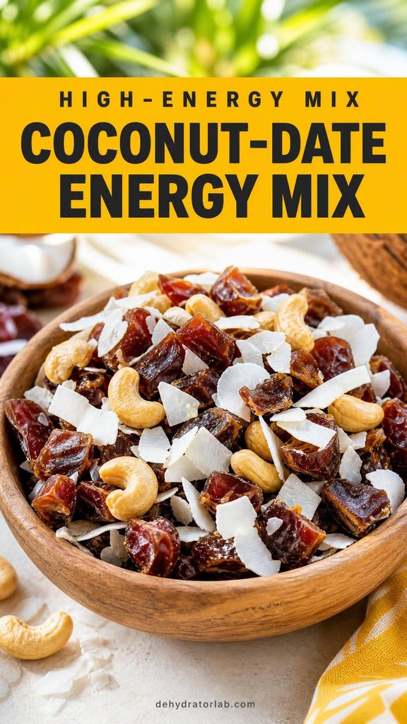 A bowl of trail mix with chopped dates, coconut flakes, and cashews