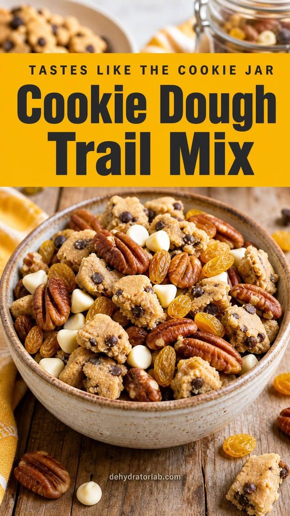 Bowl of cookie dough trail mix with broken cookie pieces, pecans, and white chocolate chips