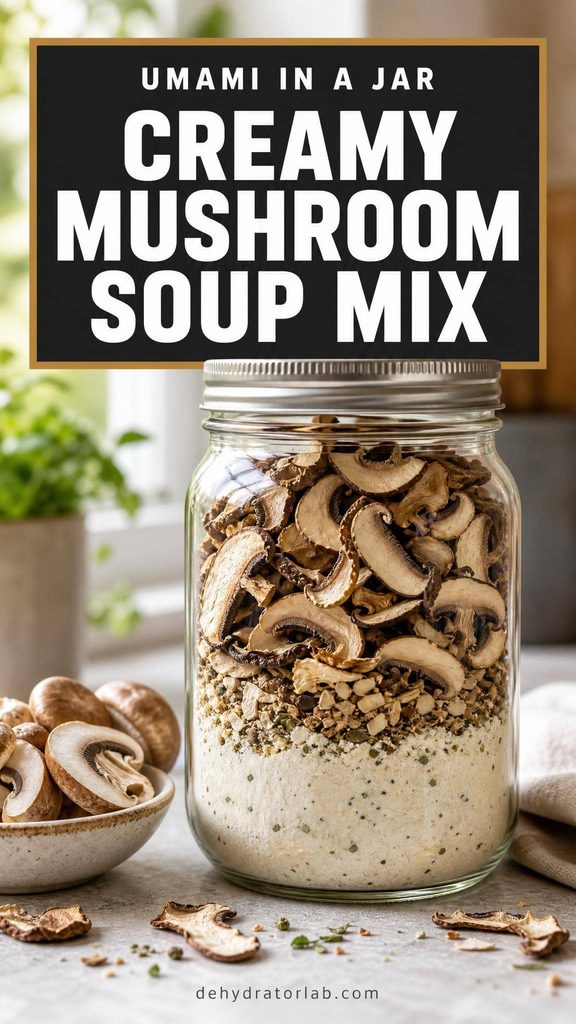 A mason jar layered with dehydrated mushroom soup mix ingredients including sliced mushrooms and milk powder