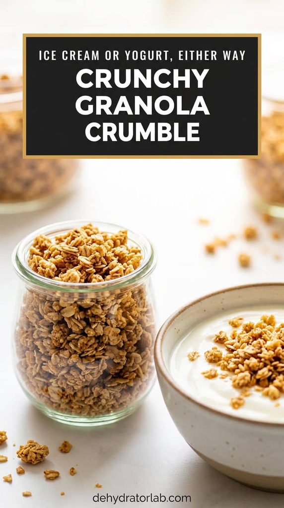 A jar of dehydrated granola crumble next to a bowl of yogurt