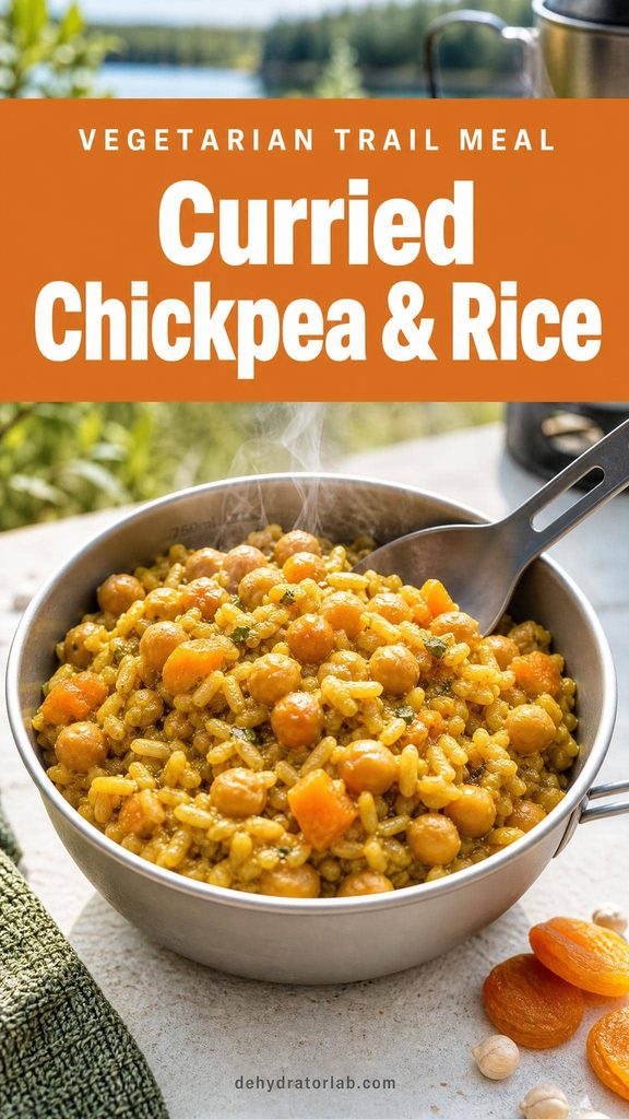 Dehydrated curried chickpea and rice backpacking meal in a trail bowl