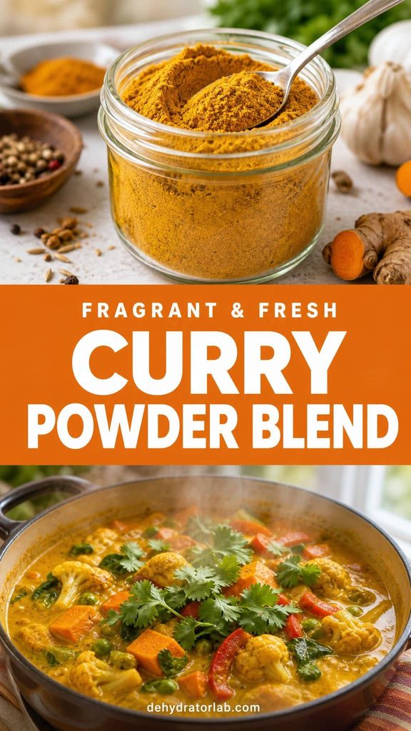 A small jar of golden-yellow curry powder next to a pot of simmering curry