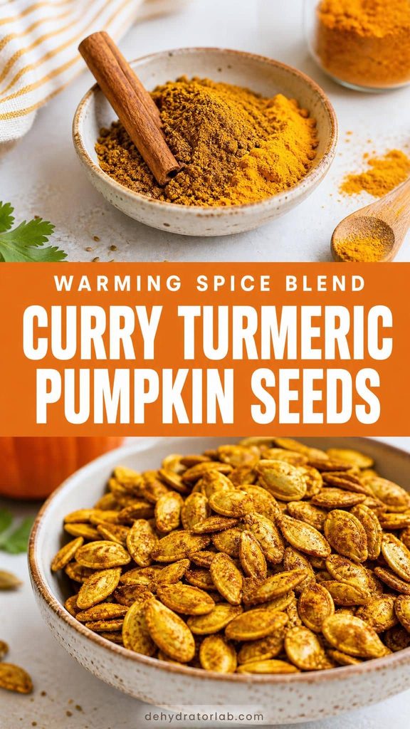 A bowl of golden dehydrated curry turmeric pumpkin seeds
