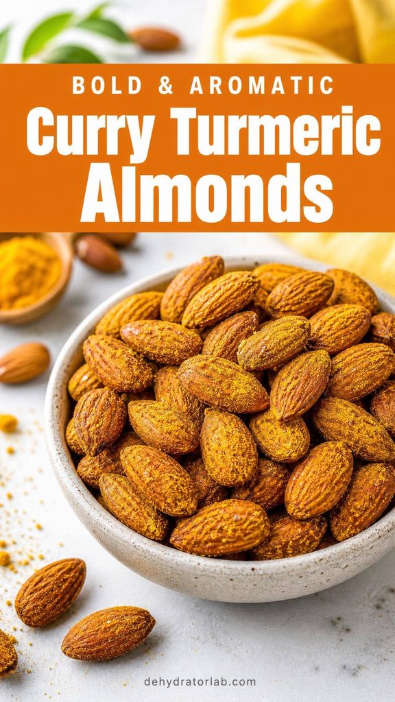 Curry turmeric spiced activated almonds in a golden-toned bowl