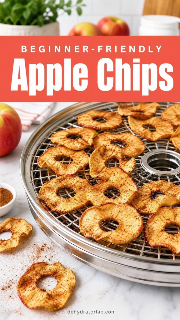Thin dehydrated apple chip rings cooling on a dehydrator tray